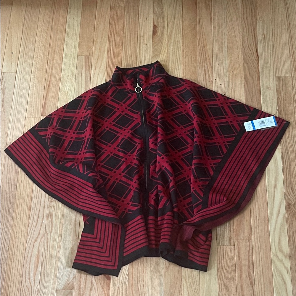 Evan Picone Zip Poncho Womens XL Red Black Geometric Print Cape
